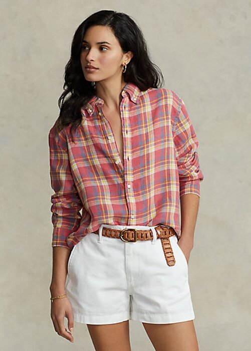 Pink Women’s Ralph Lauren Relaxed Fit Plaid Linen Shirts Pink Women’s Ralph Lauren Relaxed Fit Plaid Linen Shirts