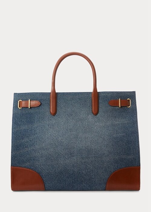 Sunset Indigo Wash/Lauren Women’s Ralph Lauren Leather-Trim Denim Large Devyn Tote Bags Sunset Indigo Wash/Lauren Women’s Ralph Lauren Leather-Trim Denim Large Devyn Tote Bags