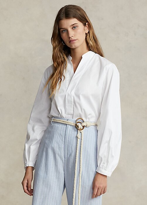 White Women’s Ralph Lauren Boxy Fit Cotton Blouson-Sleeve Shirts White Women’s Ralph Lauren Boxy Fit Cotton Blouson-Sleeve Shirts