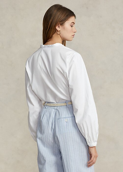 White Women’s Ralph Lauren Boxy Fit Cotton Blouson-Sleeve Shirts White Women’s Ralph Lauren Boxy Fit Cotton Blouson-Sleeve Shirts