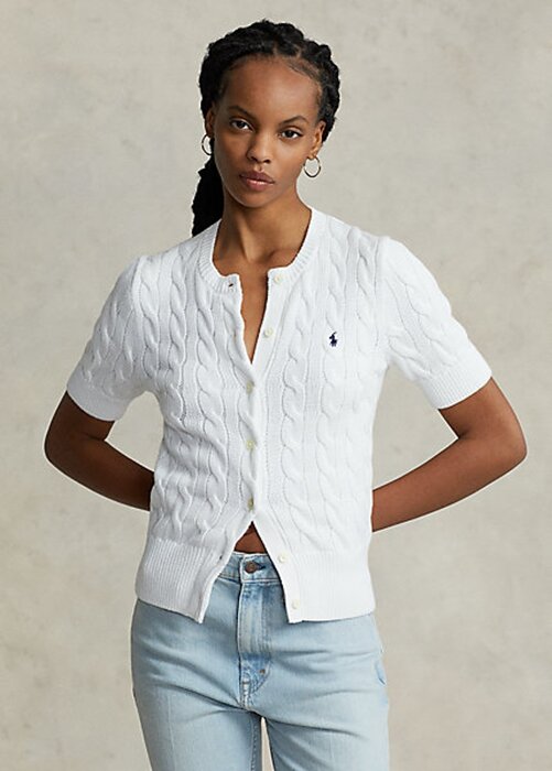 White Women’s Ralph Lauren Cable-Knit Short-Sleeve Sweaters White Women’s Ralph Lauren Cable-Knit Short-Sleeve Sweaters