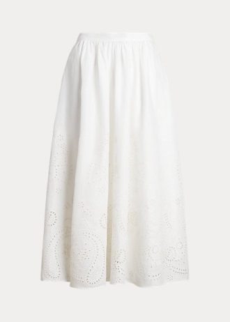White Women’s Ralph Lauren Eyelet Linen Midi Skirts
