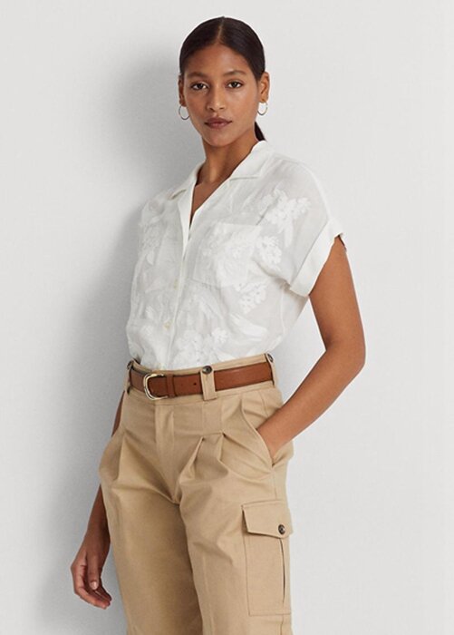 White Women’s Ralph Lauren Eyelet Voile Short-sleeve Blouse Tops White Women’s Ralph Lauren Eyelet Voile Short-sleeve Blouse Tops