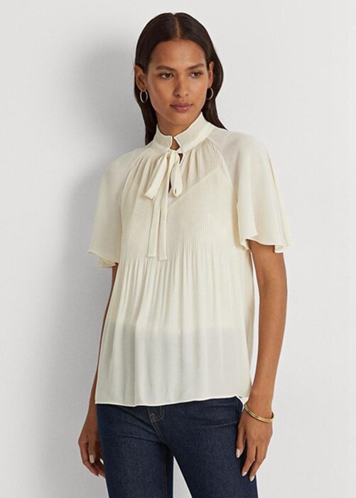White Women’s Ralph Lauren Pleated Georgette Tops White Women’s Ralph Lauren Pleated Georgette Tops