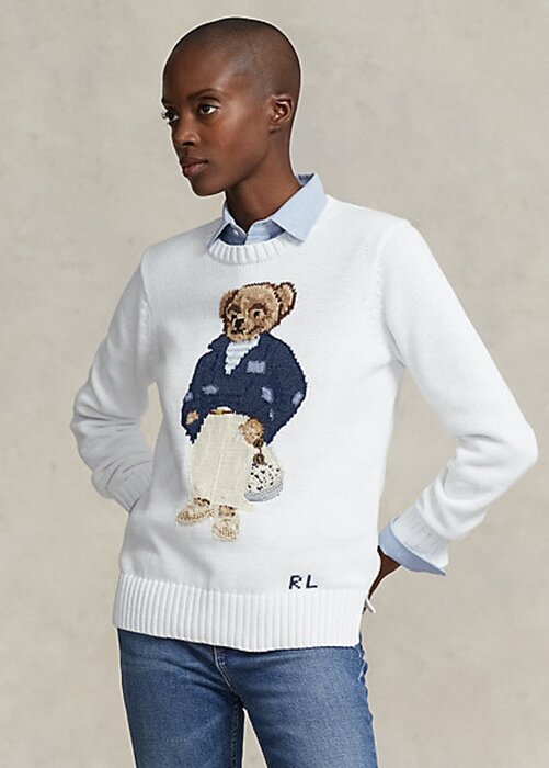 White Women’s Ralph Lauren Polo Bear Cotton-Blend Sweaters White Women’s Ralph Lauren Polo Bear Cotton-Blend Sweaters
