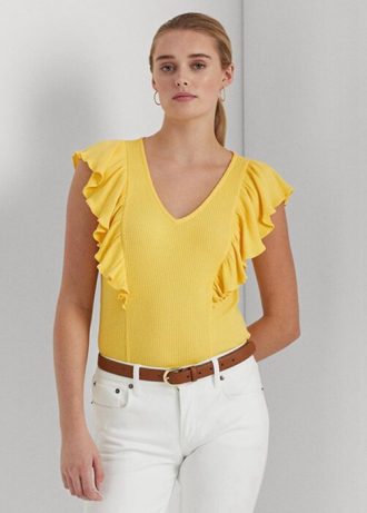 Yellow Women’s Ralph Lauren Ruffle-trim Rib-knit   T Shirts