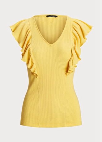 Yellow Women’s Ralph Lauren Ruffle-trim Rib-knit   T Shirts